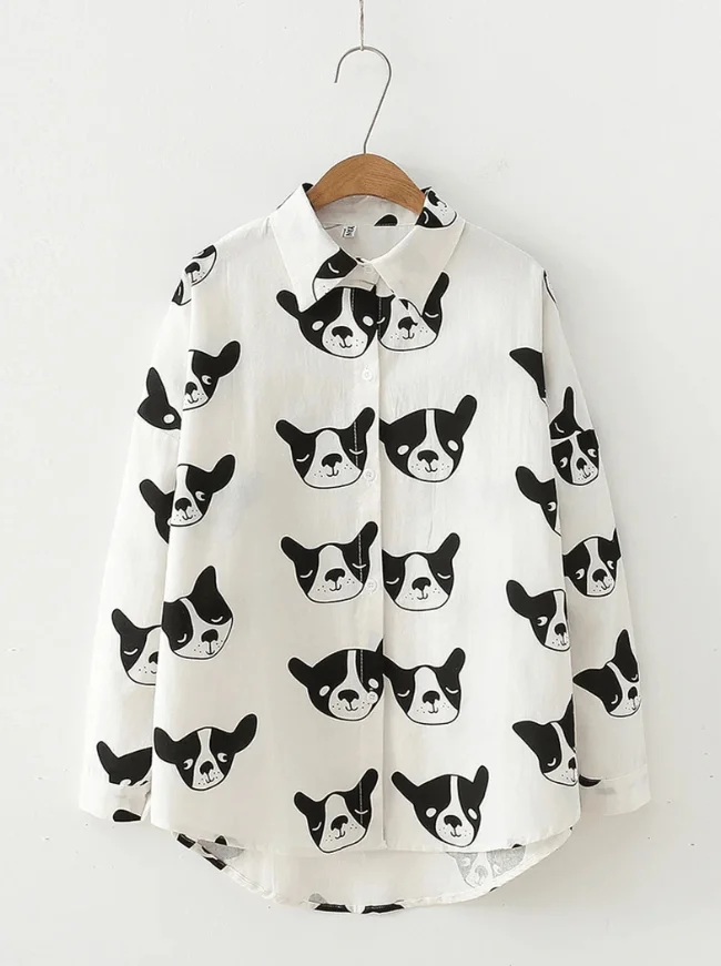 Cartoon Dog Printing Long Sleeve Irregular Hem Loose Casual Shirt