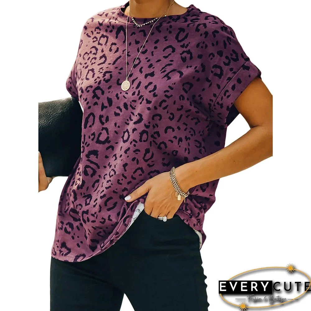 Purple Leopard Print Short Sleeve Tees