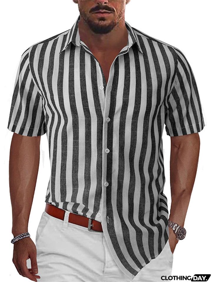 Men's Summer Classic Stripe Lapel Short Sleeve Button Beach Shirts