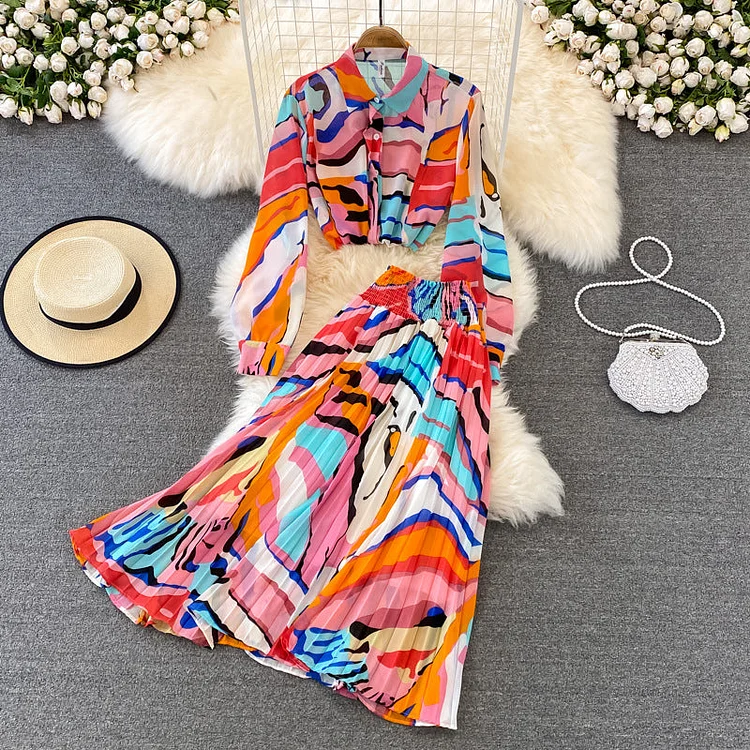 Printed Long Sleeve Shirt and Skirt Two Piece Set Flaxmaker 