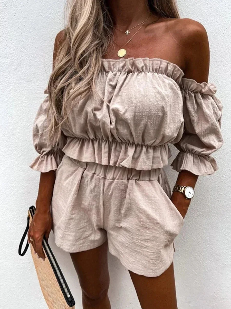 Oocharger Two-Pieces Top and Shorts Suits Summer Beach Suits Women Casual Off-Shoulder Short Sleeve Crops Tops High Waist Shorts