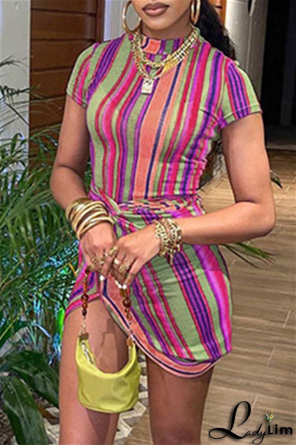Orange Fashion Casual Striped Print Split Joint Half A Turtleneck Short Sleeve Dress