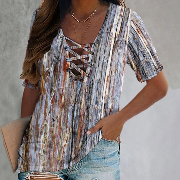 Lace Up Vertical Stripes Patterns Casual Tees