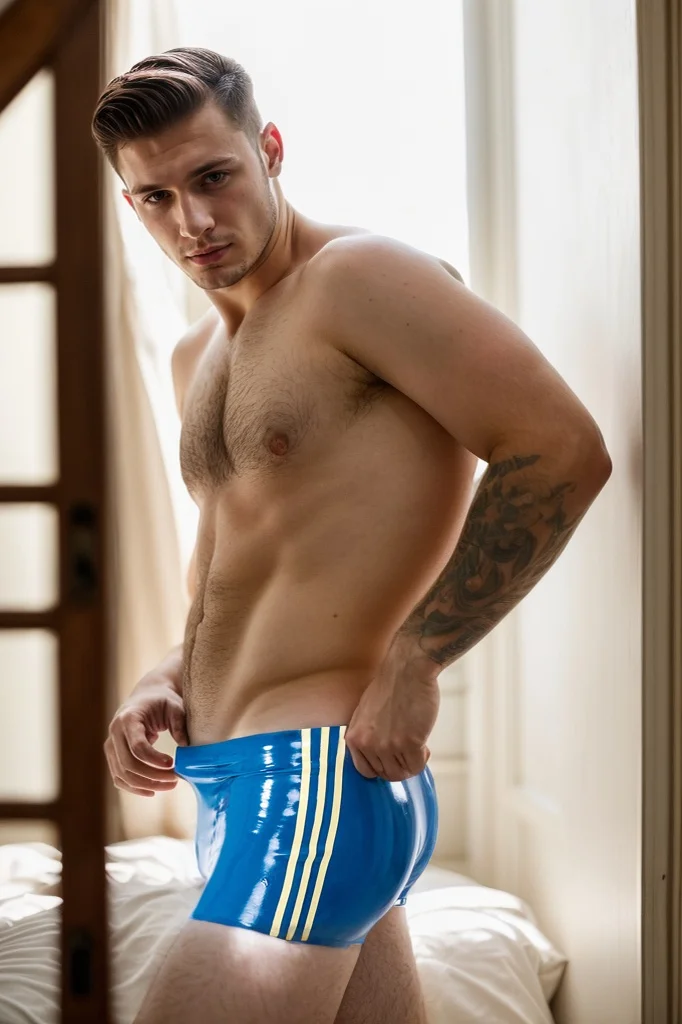 Men's Metallic Blue Latex Shorts Male Triple Stripe Swim Stylish and Minimalist Trunks 