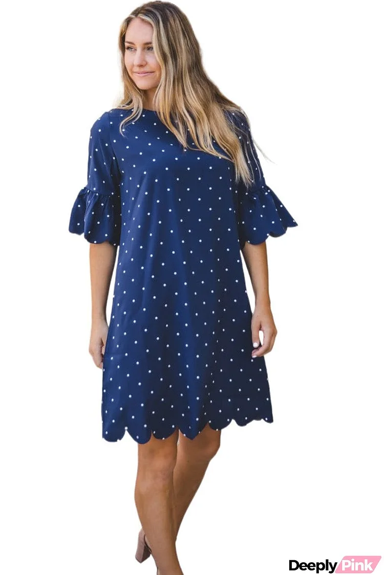 Navy Scalloped Trims Polka Dot Mini Dress