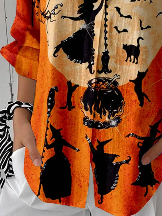 Women 3/4 Sleeve Shirt Collar Ghost Printed Graphic Button Tops