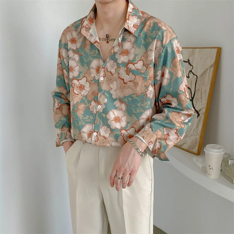 Inongge Fashion Streetwear Korean Printing Loose Turn-down Collar Man Long Sleeve Men's Clothing Button Spring Summer Thin Shirts Tops
