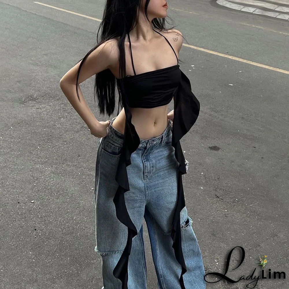 Summer Gathered Streamer Halter Neck Top Look Cropped Crop T-Shirt