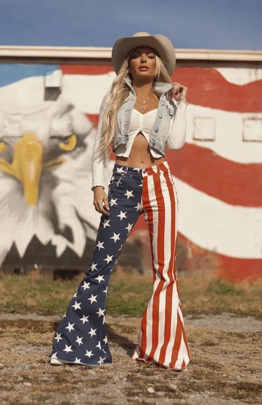 Women's New Independence Day Flag Print Women's Flared Jeans Flusfy