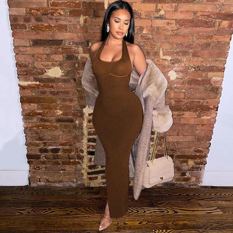 Promsstyle halter neck backless slit bodycon long knitted dress Prom Dress 2023