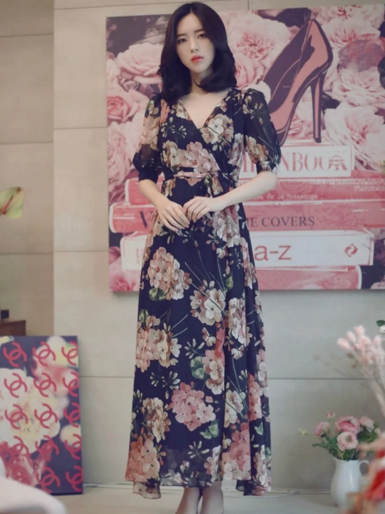 Elegant Floral Self Belt Surplice Over Wrap Dress