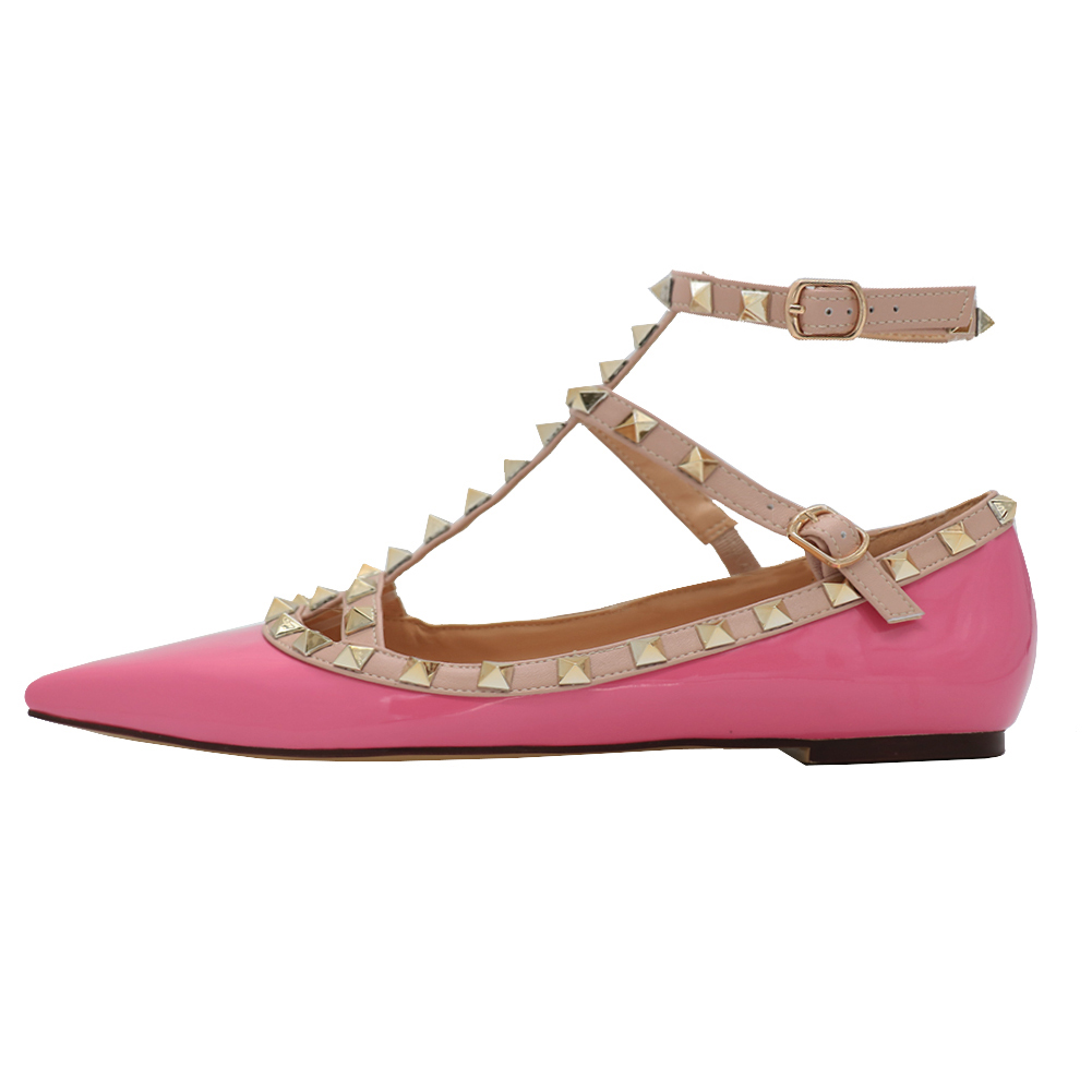 Women's Flats Rivets Rockstud Daily Pointed Toe Ballet Pink Patent Shoes-vocosishoes