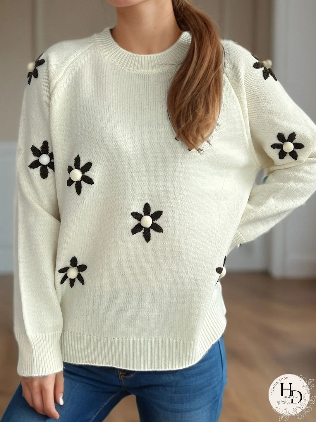 Flower Round Neck Raglan Sleeve Sweater