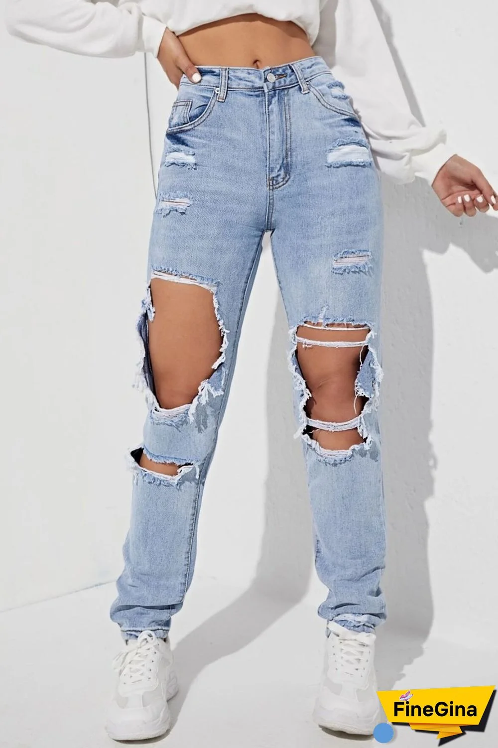 Light Blue Casual Solid Ripped High Waist Regular Denim Jeans