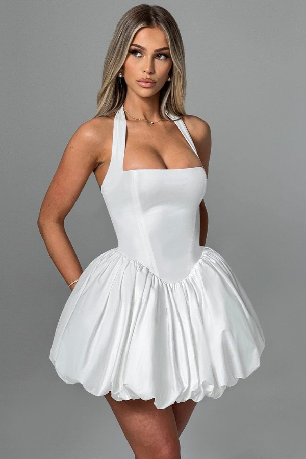 Ovlias Sexy White Halter Strap Bubble Homecoming Dress  Backless with Pleated HC0166