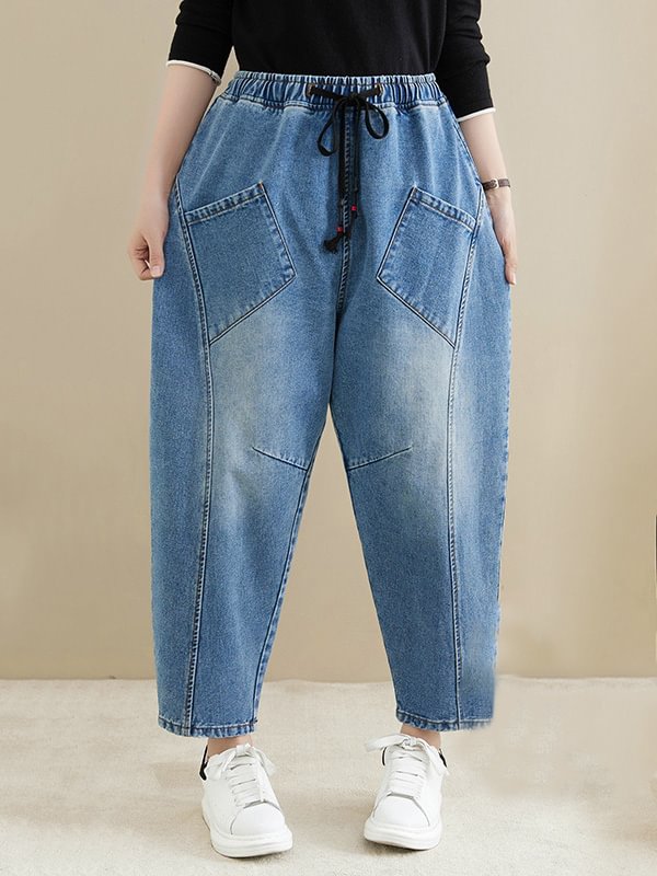 Vintage Blue&Black Elasticity Jean Pants