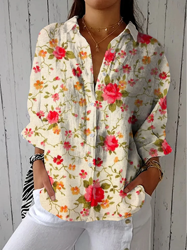Women's Vintage Floral Art Print Casual Cotton Linen V-neck Shirt