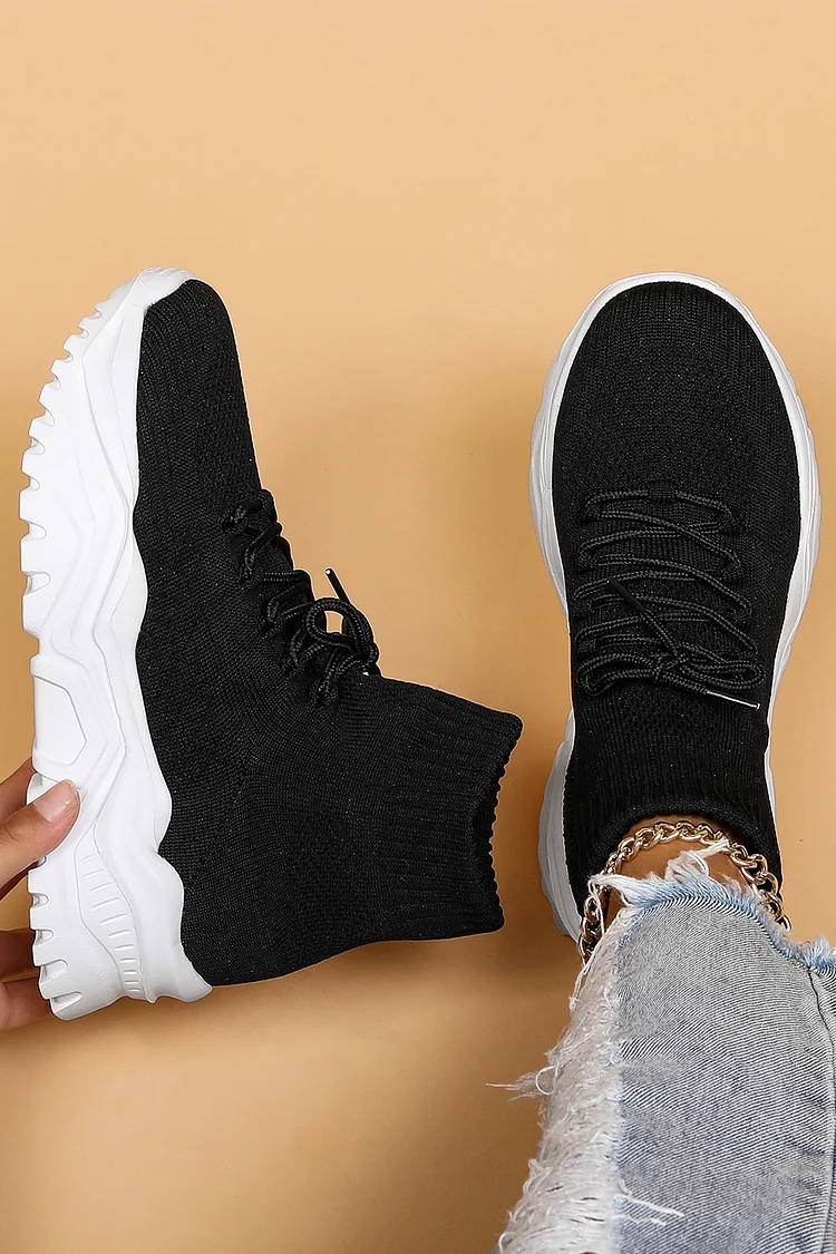 Solid Color Knitted Round Toe Lace Up Casual High Top Sneakers