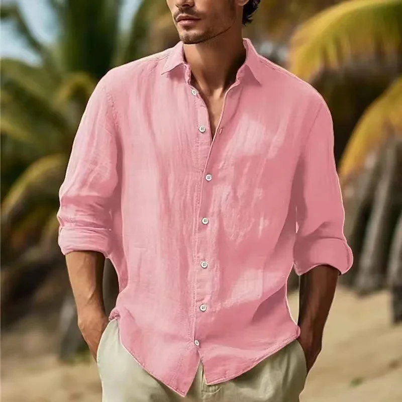 Uveng Uveng Men's Linen Shirt Button Shirt Summer Beach Shirt Pure Color
