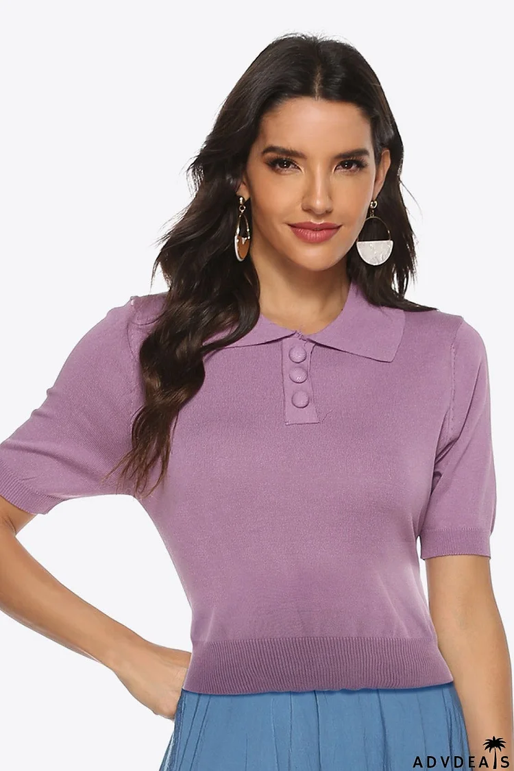 Buttoned Collared Neck Short Sleeve Knit Top