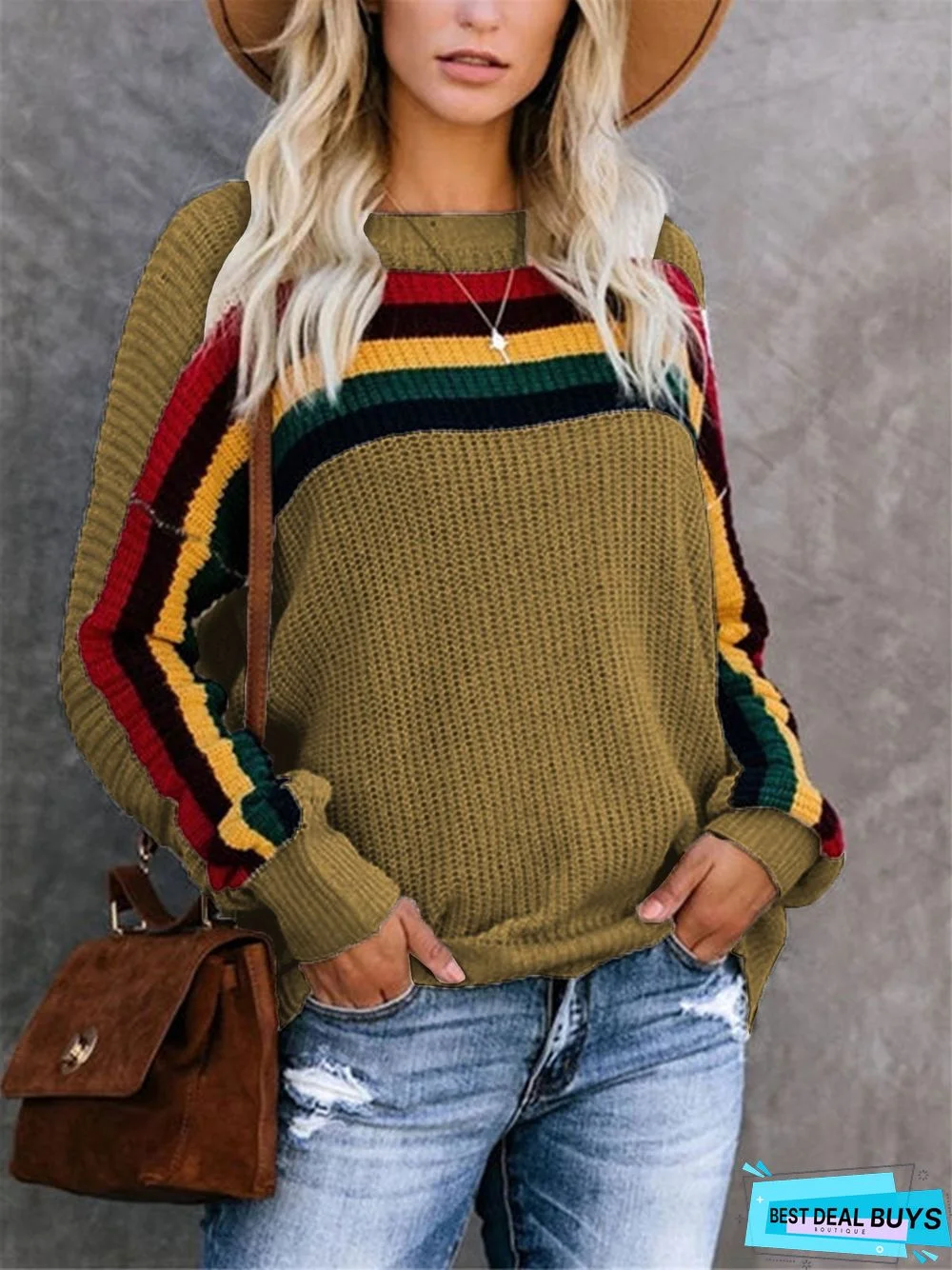 Stripes Knitted Crew Neck Long Sleeve Sweater