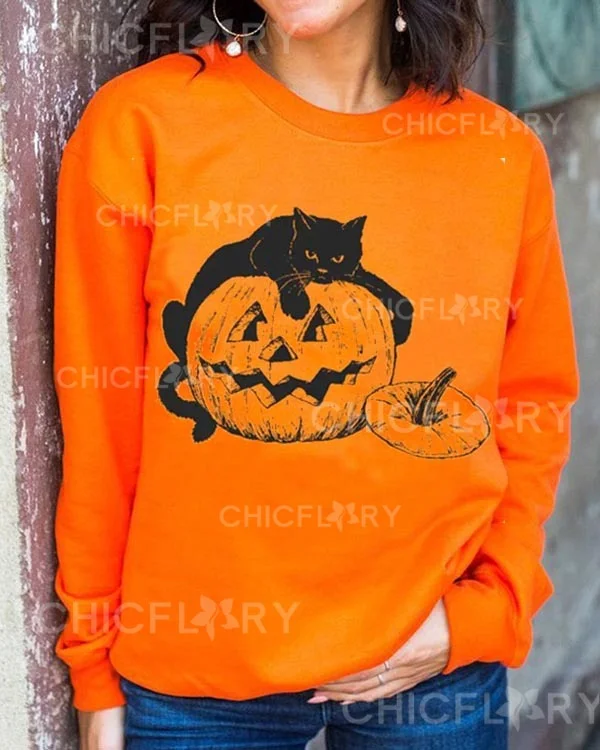 Women's Fall Halloween Lightly Stretch Crew Neck H-Line Sweatshirt