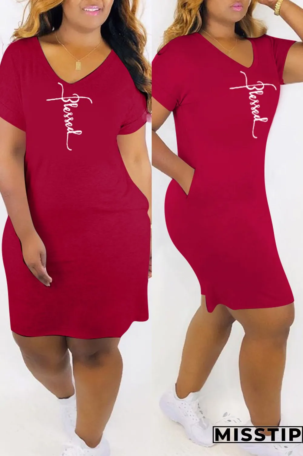White Fashion Casual Print Basic V Neck Short Sleeve Dress