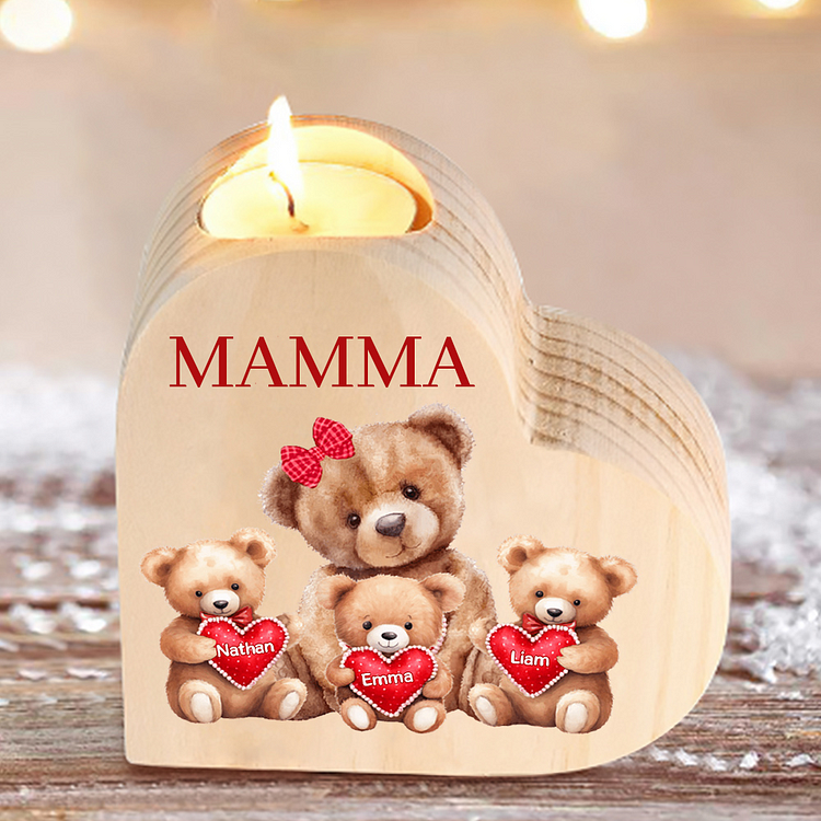 Candeliere a forma di cuore orsacchiotto 3 nomi e 1 testo personalizzati per mamma/nonna