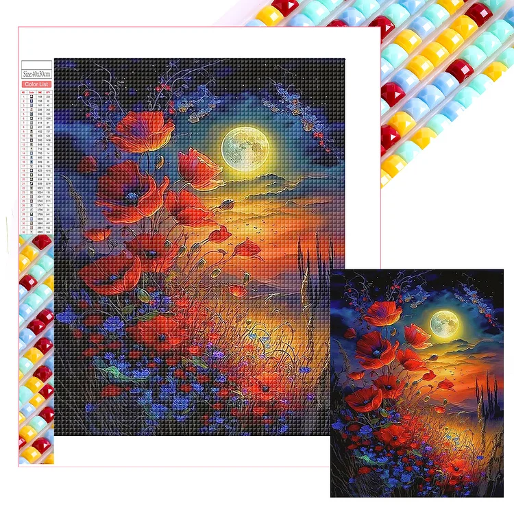 Red Flowers Under The Moon 30*40CM (Canvas) Full Square Drill Diamond Painting gbfke