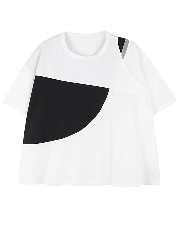 ZCSMLL Women White Color-block Off Shoulder Big Size T-shirt New Round Neck Short Sleeve Fashion Tide Spring Summer 2022 T8121