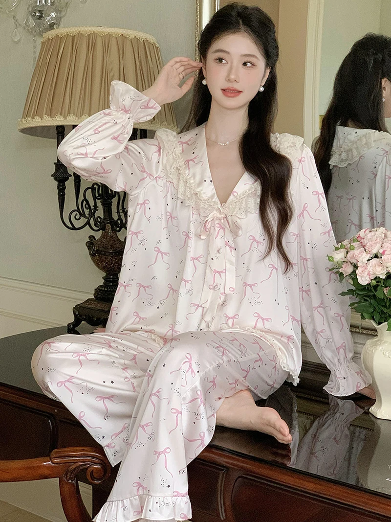 Intbuyer Women French Silk Pajamas Two Piece Sets Autumn Sweet Print Long Sleeve Cardigan Pants Home Wear Women Nightwear Loungewear