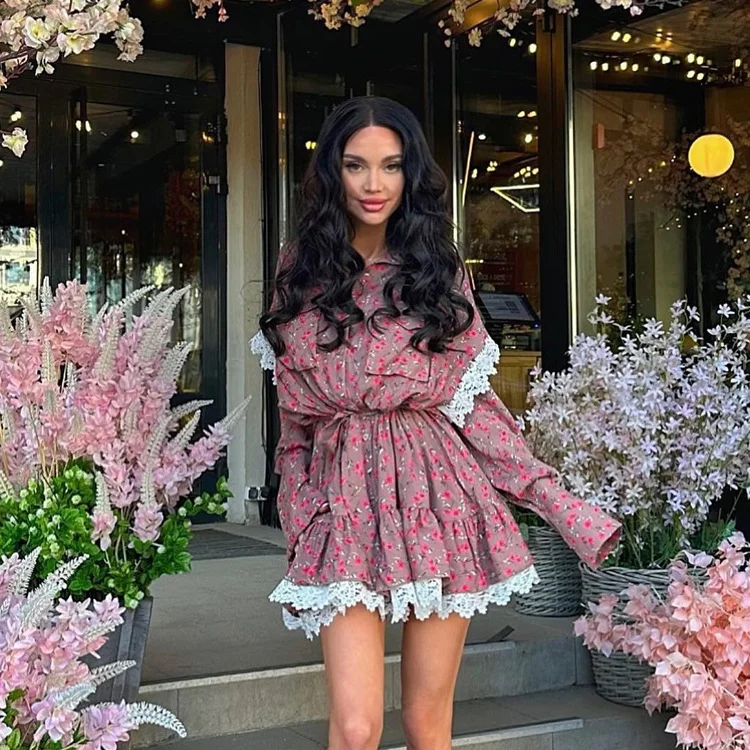 Churchf Churchf Women's Fall 2023 New Floral Spliced Dress Fashion Lapel Long Sleeve With A-Line Dress