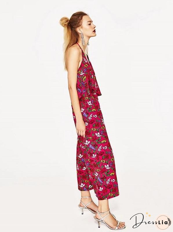 Sexy Floral-Print Off-Shoulder Deep V Neck Strape Jumpsuits