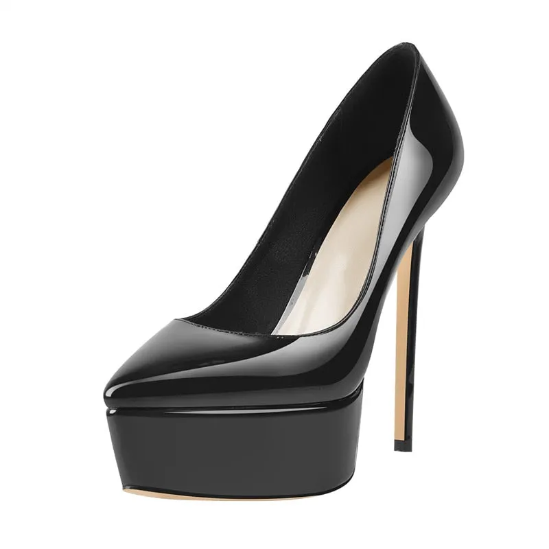 Onlymaker Concise Slip On Shoes Women Pointed Toe Platform Pumps Thin High Heels Patent Leather Matte Black Big Size Elegant