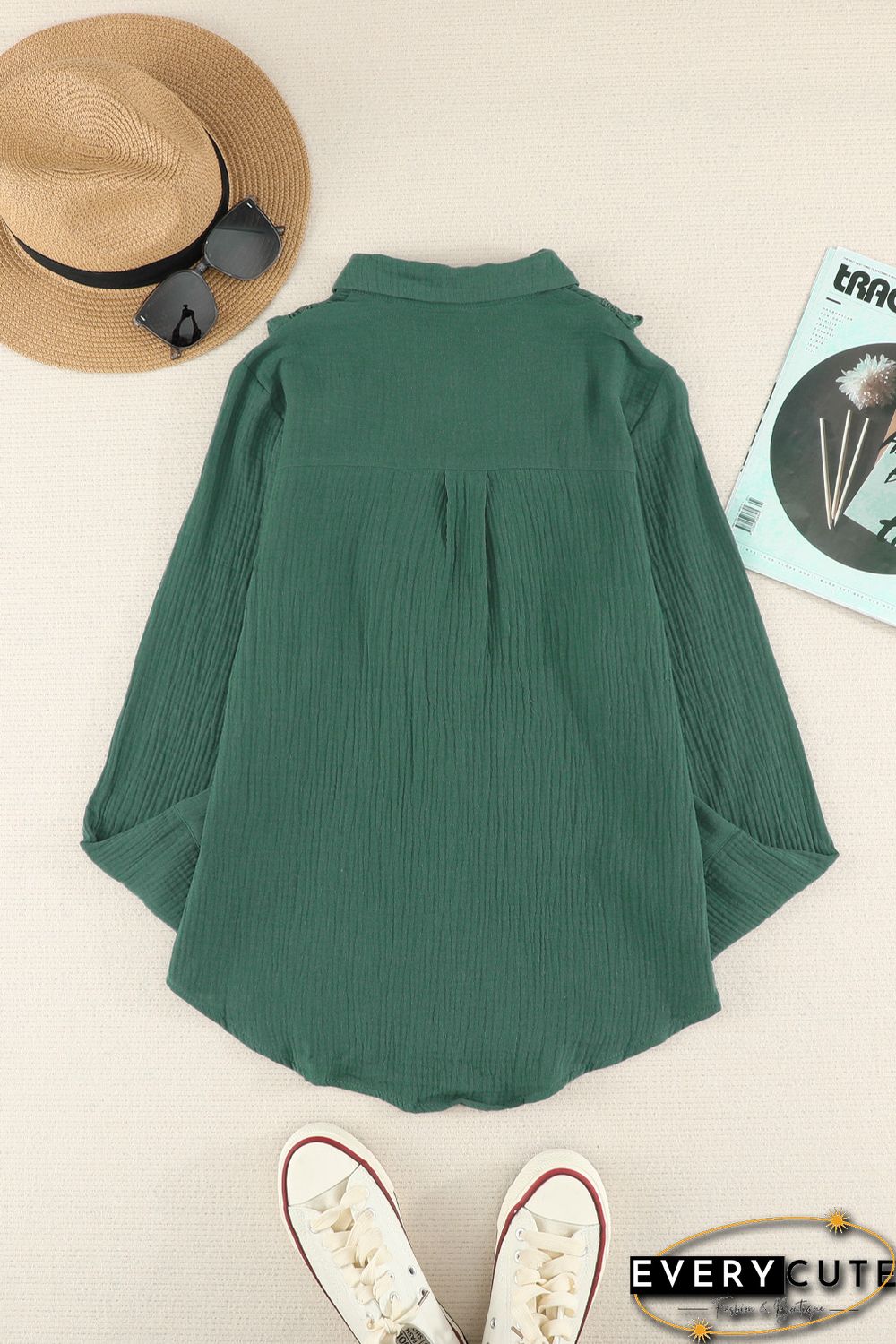 Green Ruffles Crinkled Long Sleeve Shirt
