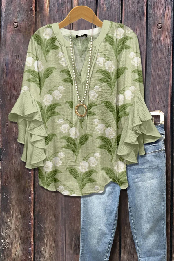 Lily of the Valley Floral Print Ruffle Sleeve Top