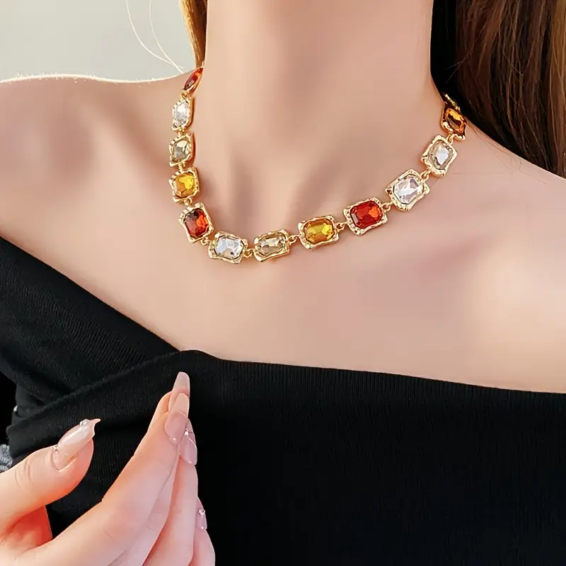 wedding banquet style jewelry set square rhinestone tassel stud earrings necklace set suitable for women details 8