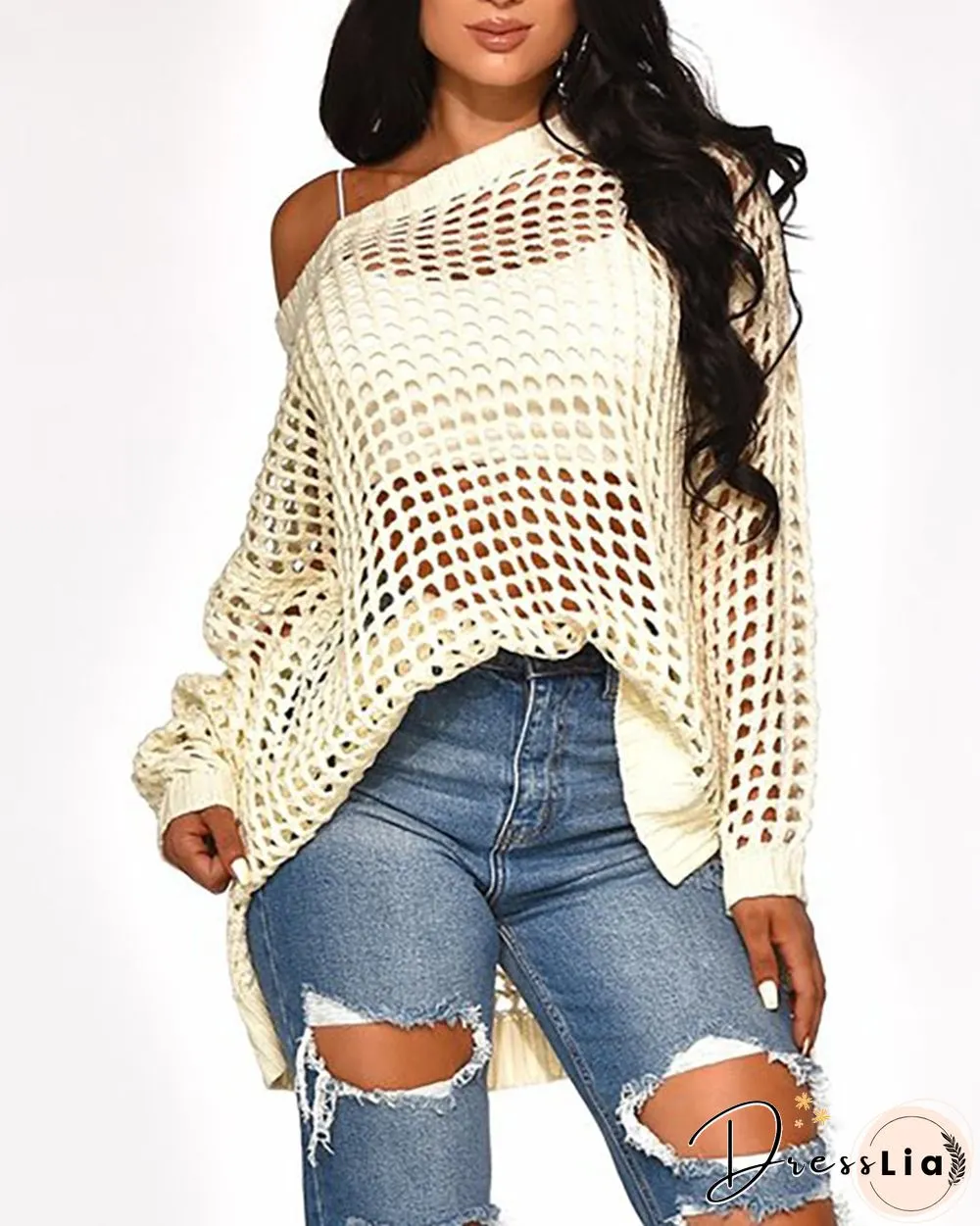 Solid Long Sleeve Hollow Out Sweater