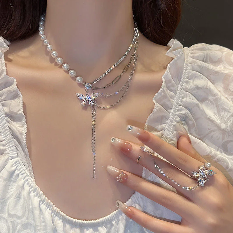 Diamond And Pearls Rings Butterfly Necklace - Heartzcore