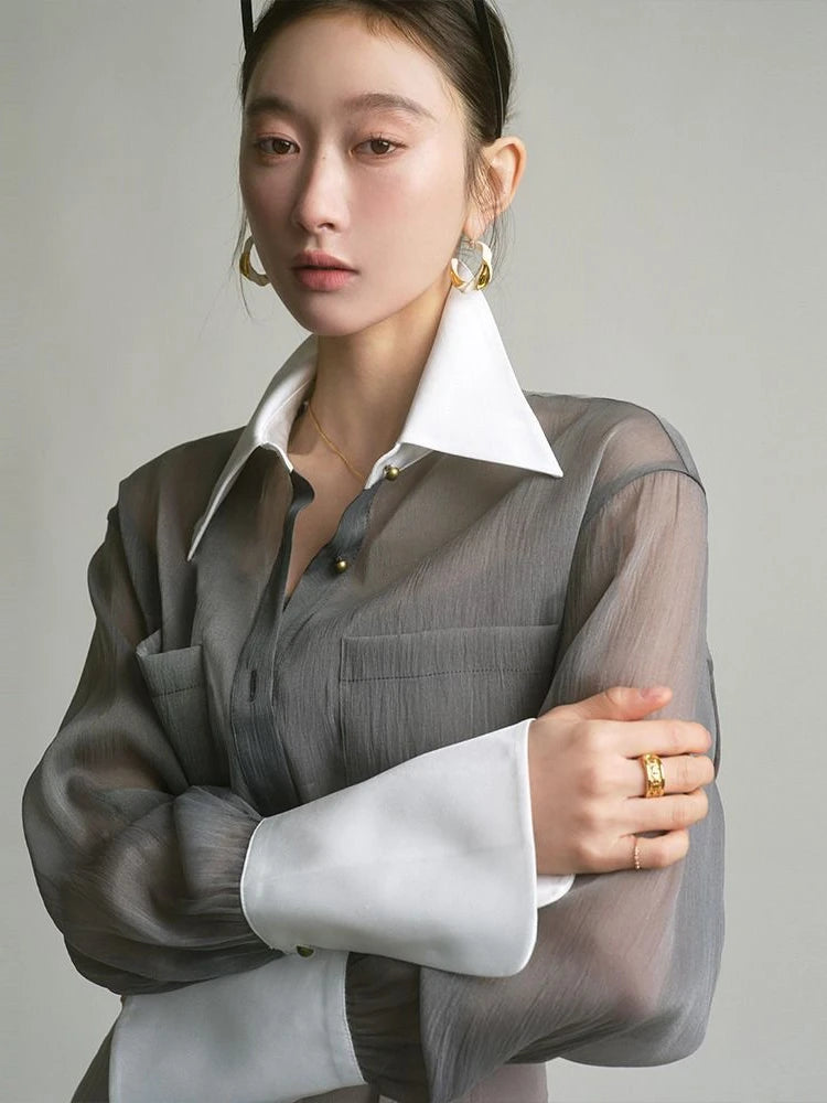 OLCooL Grey Perspective Blouse Women Thin Patchwork Sun-proof Shirt Long Sleeve Korean Style Fashion Trend Top for Office Lady olcool
