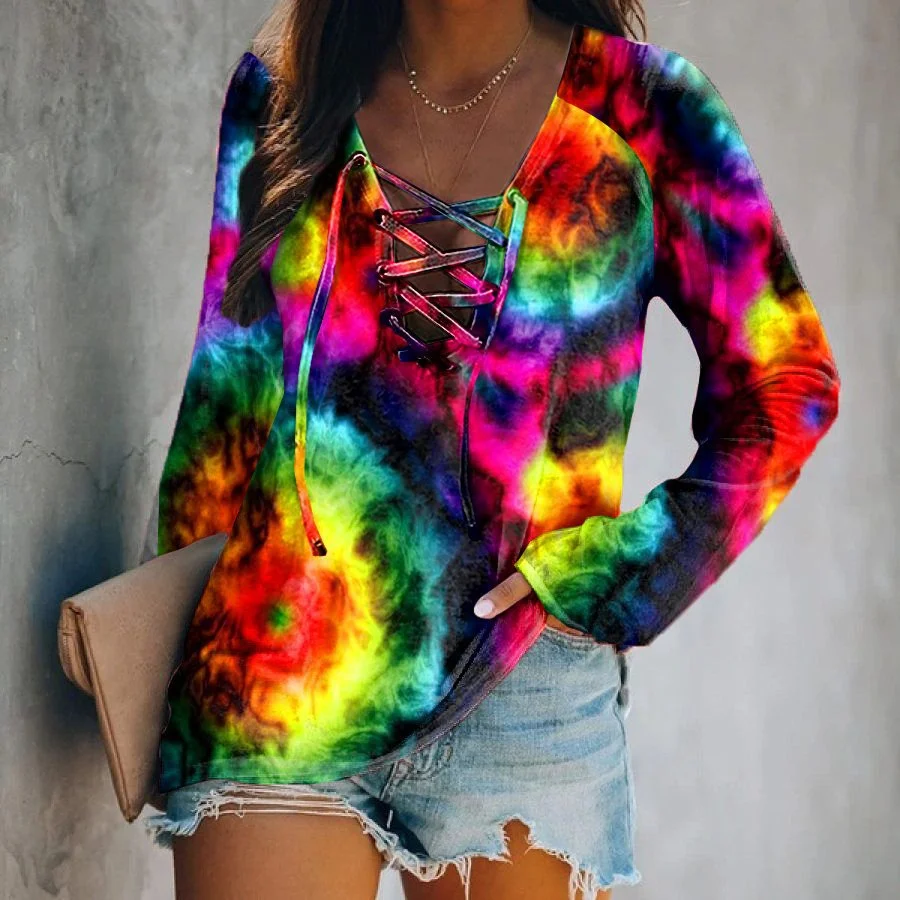 Women's Tie Dyed Thin Belt Long Sleeved Top Sweater