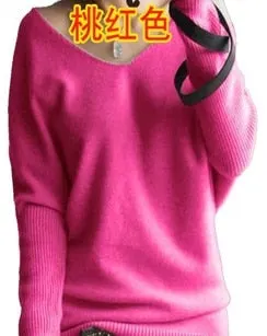 Spring autumn cashmere sweaters women fashion sexy v-neck pullover loose 100% wool batwing sleeve plus size knitted tops