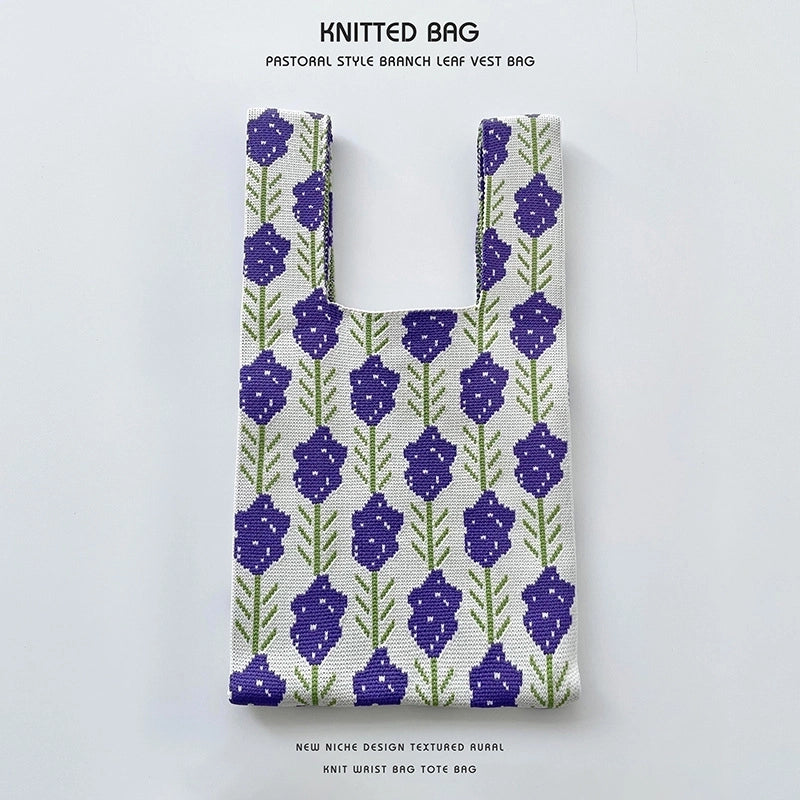 Women’s Medium Knit Letter Flower Cute Vintage Style Square Open Handbag