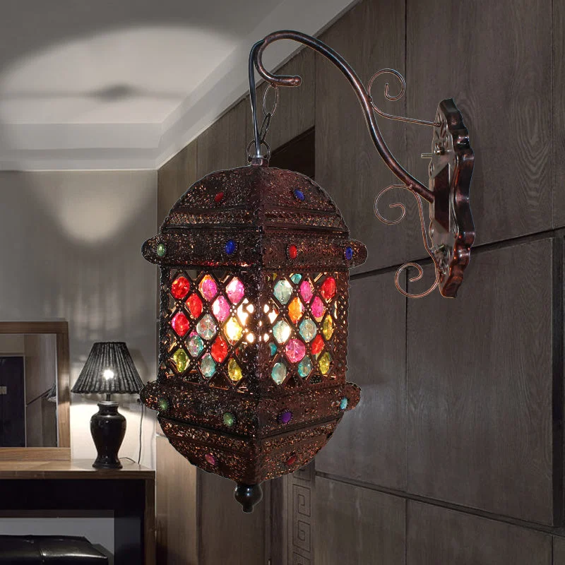 1 Light Lantern Wall Lighting Bohemian Rust Metal Sconce Light Fixture for Living Room