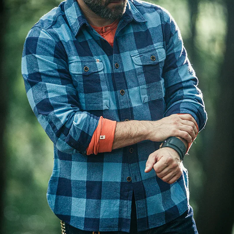 Loose Blue Flannel Check Casual Shirt
