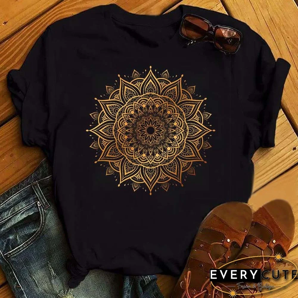 Maycaur New Mandala Floral Printed T Shirt Women Casual Fashion T-shirt Loose Short Sleeve 90s Girls Aesthetics Black Tshirt Top