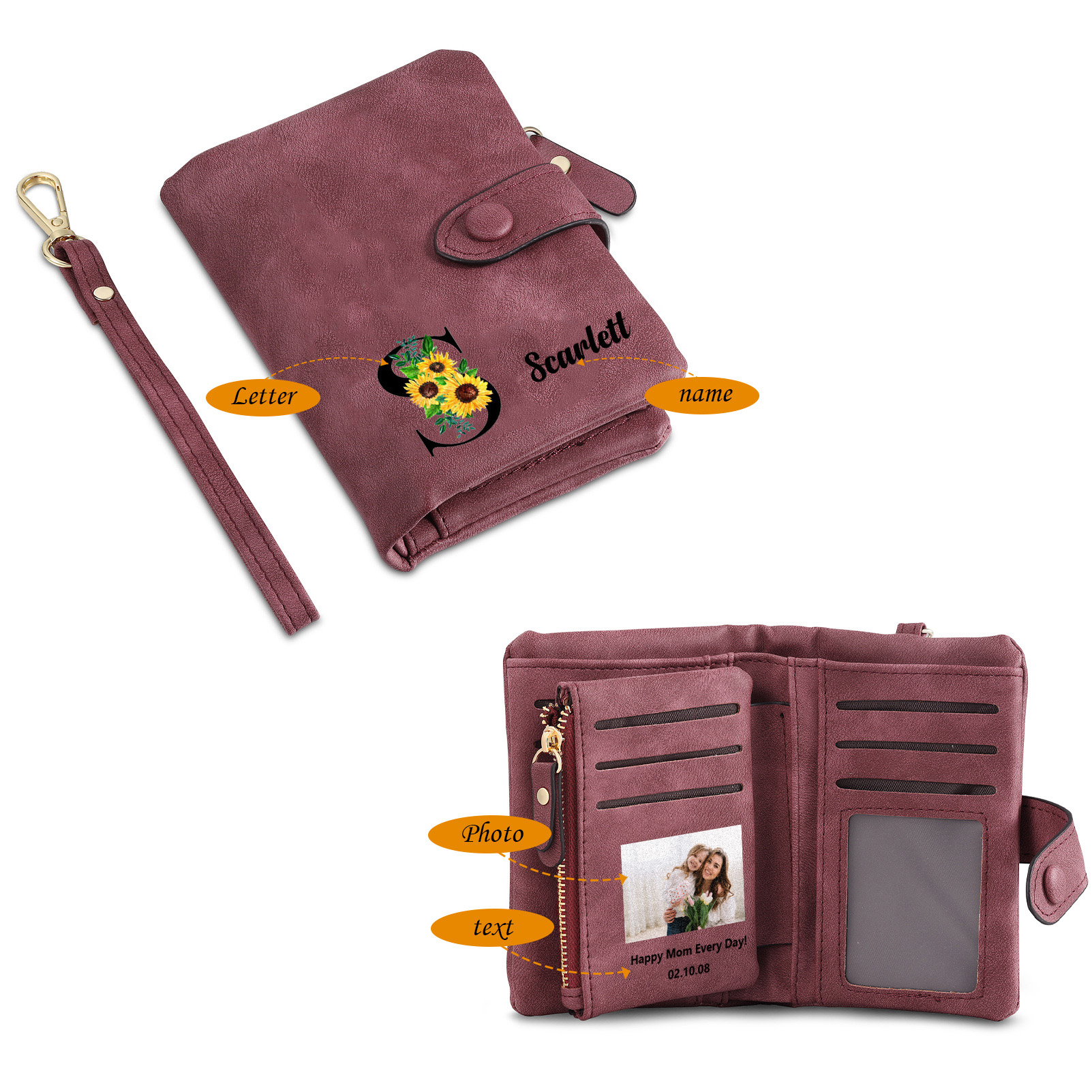 Portafoglio in PU pelle girasole con 1 letetra & 1 testo & 1 nome & 1 foto personalizzati per mamma/nonna
