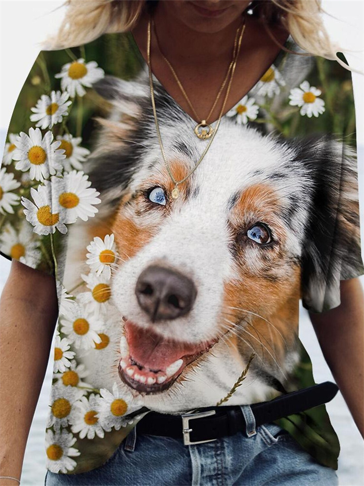 V-neck T-shirt Puppy Print Pattern Large Size Women's S M L XL 2XL 3XL 4XL 5XL