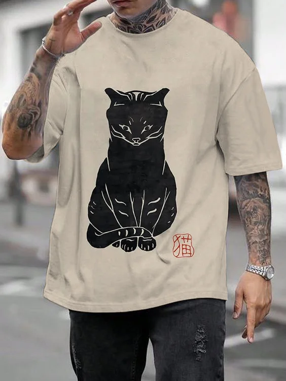 Men's Japanese Lino Art Painting Black Cat Print Cozy T-Shirt