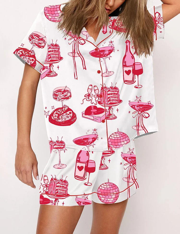 Women’s Homebody Cocktail Girl Social Club Retro Disco Ball Margarita Print Short Sleeve Satin Pajama Set